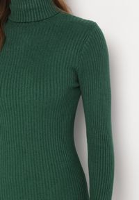 Born2be - Ciemnozielona Dopasowana Sukienka Mini z Prążkowanej Dzianiny i Golfem Helmine. Typ kołnierza: golf. Kolor: zielony. Materiał: prążkowany, dzianina. Długość rękawa: długi rękaw. Długość: mini