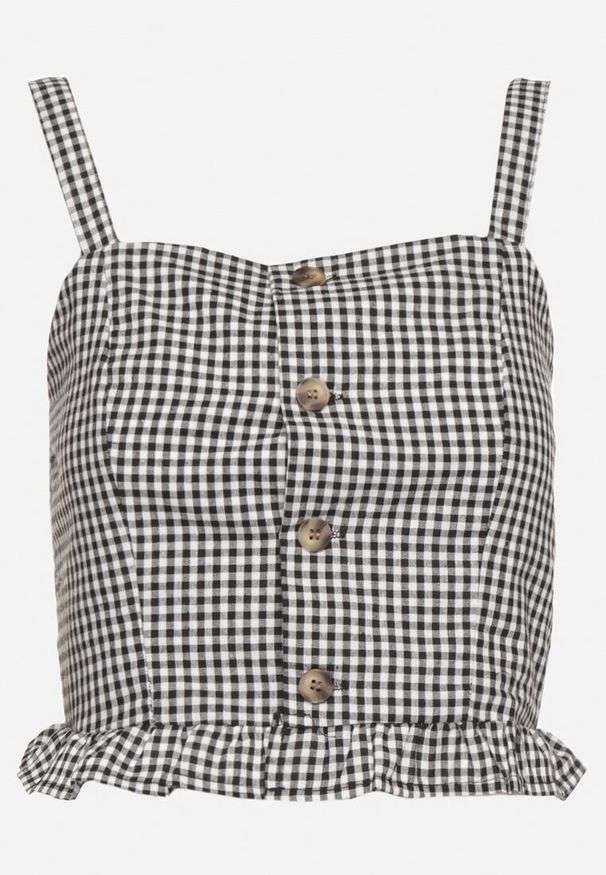 Born2be - Czarna Bluzka Top ze Wzorem Kraty Ozdobiony Falbanką i Guzikami Folorae. Okazja: na co dzień. Kolor: czarny. Materiał: jeans. Długość rękawa: na ramiączkach. Długość: krótkie. Wzór: aplikacja. Styl: elegancki, casual