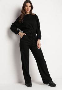 Born2be - Czarny Komplet Bawełniany Spodnie Szerokie ze Sznurkiem w Pasie i Bluza ze Ściągaczami Urionne. Kolor: czarny. Materiał: bawełna #1