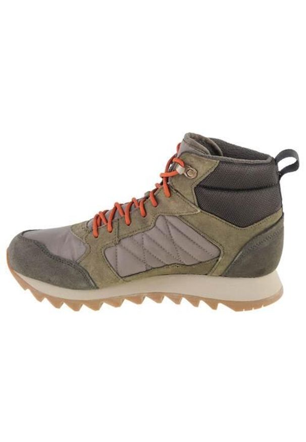 Buty trekkingowe męskie Merrell Alpine Mid Plr WP 2. Wysokość cholewki: za kostkę. Zapięcie: sznurówki. Kolor: zielony. Materiał: guma, skóra, tkanina, zamsz, materiał, syntetyk. Szerokość cholewki: normalna