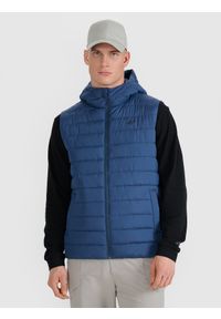 4f - 4F Bezrękawnik puchowy z wypełnieniem syntetycznym męski - granatowy L. Okazja: na co dzień. Typ kołnierza: kołnierzyk stójkowy, kaptur. Kolor: niebieski. Materiał: puch, syntetyk. Długość rękawa: bez rękawów. Długość: długie. Styl: casual, klasyczny, sportowy #1