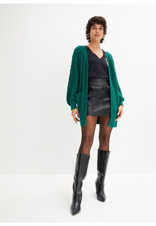 bonprix - Długi kardigan. Kolor: zielony. Materiał: dzianina. Długość: długie