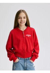 Reserved - Bluza bomber z haftem - czerwony. Kolor: czerwony. Materiał: dzianina. Wzór: haft