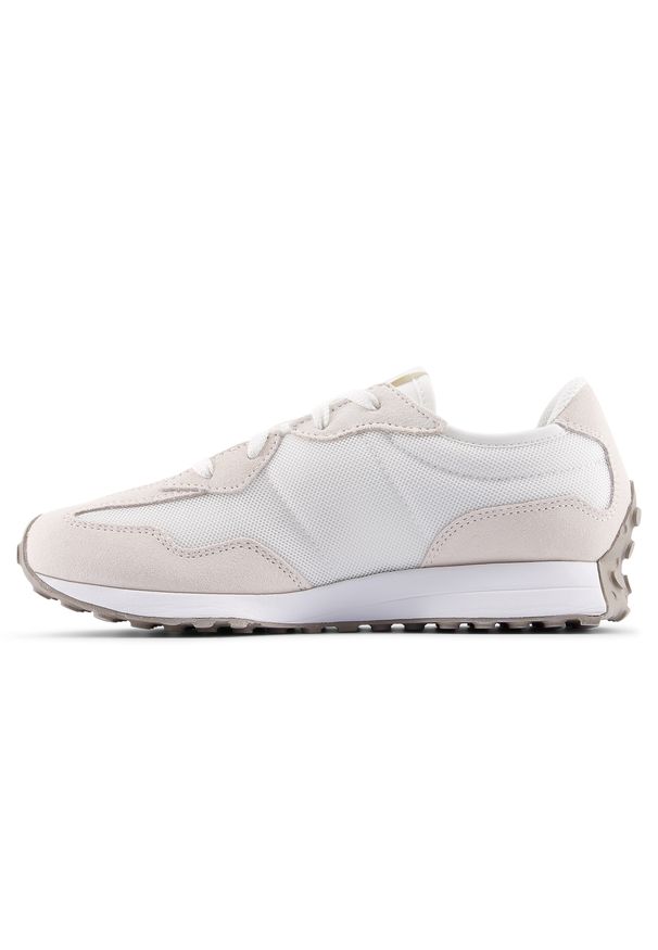 Buty dziecięce New Balance GS327LW – beżowe. Okazja: na co dzień. Kolor: beżowy. Materiał: syntetyk, materiał, zamsz, guma. Szerokość cholewki: normalna