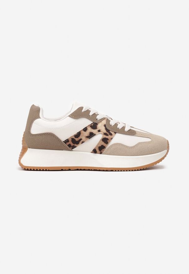 Born2be - Beżowo-Białe Płaskie Sneakersy z Geometrycznym Wzorem w Panterkę Nawla. Nosek buta: okrągły. Zapięcie: sznurówki. Kolor: beżowy. Materiał: materiał. Wzór: motyw zwierzęcy, geometria. Obcas: na obcasie. Wysokość obcasa: niski