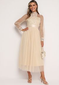 Born2be - Jasnobeżowa Rozkloszowana Sukienka Maxi z Siateczki Ozdobiona Koronką Vireln. Kolor: beżowy. Materiał: koronka. Wzór: koronka, aplikacja. Długość: maxi #6