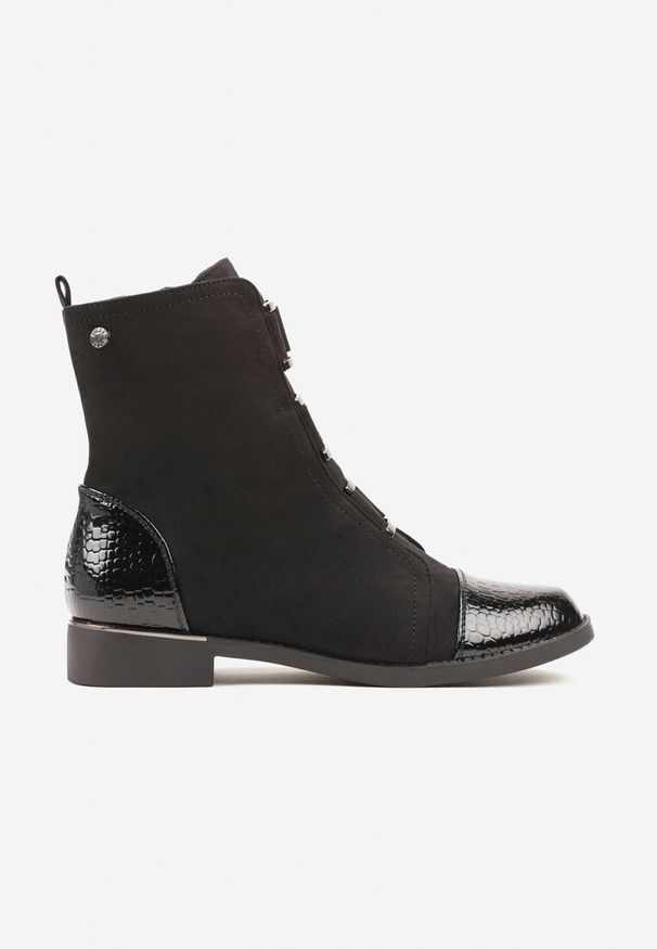 Born2be - Czarne Botki Vices z Lakierowanymi Wstawkami w Stylu Krokodyla Olitta. Okazja: na spacer, na spotkanie biznesowe. Kolor: czarny. Materiał: lakier. Styl: biznesowy