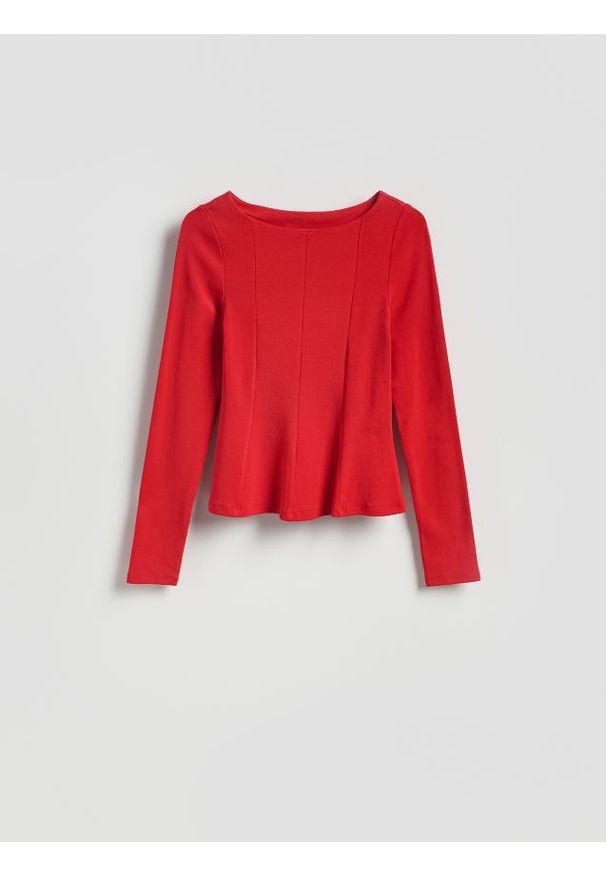 Reserved - Bluzka z baskinką - czerwony. Kolor: czerwony. Materiał: dzianina, bawełna. Wzór: gładki
