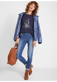 bonprix - T-shirt bawełniany z rozcięciem z boku i nadrukiem. Kolor: niebieski. Materiał: bawełna. Długość: długie. Wzór: nadruk #2