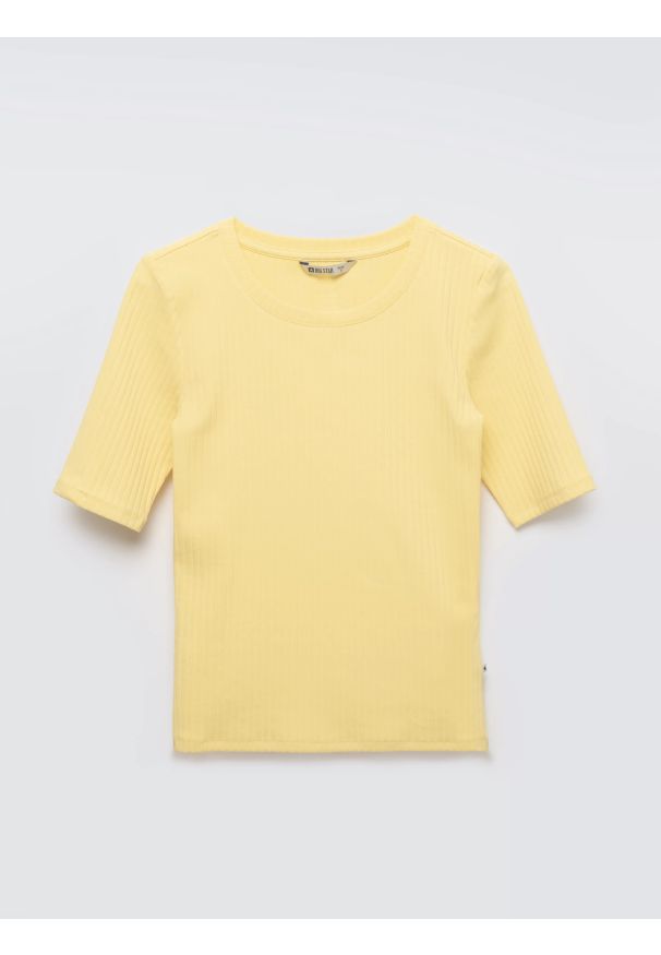 Big-Star - Koszulka damska w prążek żółta Imija 200. Okazja: na co dzień. Kolor: żółty. Materiał: prążkowany, dzianina, jeans, materiał. Długość rękawa: krótki rękaw. Wzór: prążki. Sezon: wiosna, lato. Styl: casual, elegancki