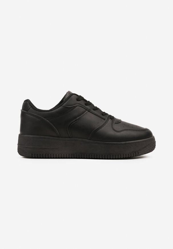 Renee - Czarne Sznurowane Sneakersy z Ekoskóry na Grubej Podeszwie z Drobną Perforacją Loeda. Okazja: na co dzień. Kolor: czarny