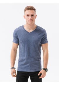 Ombre Clothing - Klasyczna męska koszulka z dekoltem w serek BASIC - niebieski melanż V18 S1369 - XXL. Typ kołnierza: dekolt w serek. Kolor: niebieski. Materiał: jeans, bawełna. Długość: krótkie. Wzór: melanż. Styl: klasyczny #4