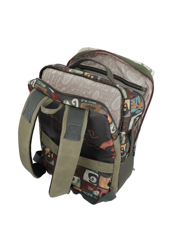 Plecak damski Anekke, wykonany z materiału tekstylnego z dekoracyjnym nadrukiem zamykany na zamek, kolorowy, 42575-001. Materiał: materiał. Wzór: kolorowy, nadruk. Styl: casual, elegancki