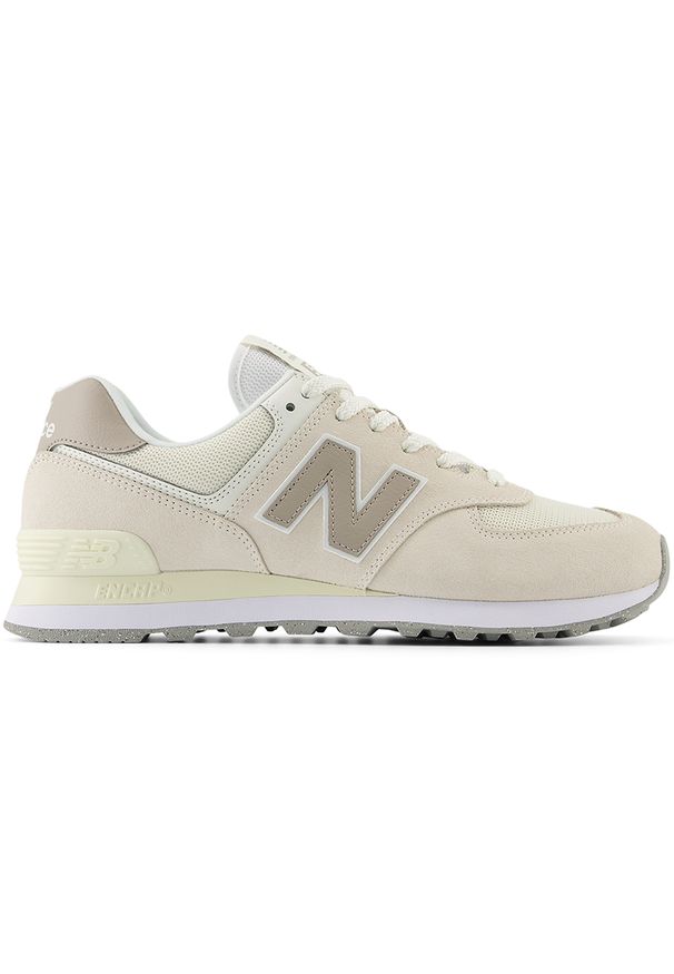 Buty unisex New Balance U574ESC – beżowe. Okazja: na co dzień. Kolor: beżowy. Materiał: skóra, zamsz, guma. Szerokość cholewki: normalna. Wzór: aplikacja. Model: New Balance 574