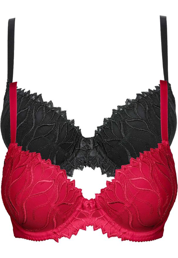 bonprix - Biustonosz usztywniany z delikatnym haftem (2 szt.). Kolor: czerwony. Materiał: koronka. Rodzaj stanika: wyściełane miseczki, różne sposoby noszenia. Wzór: haft, koronka