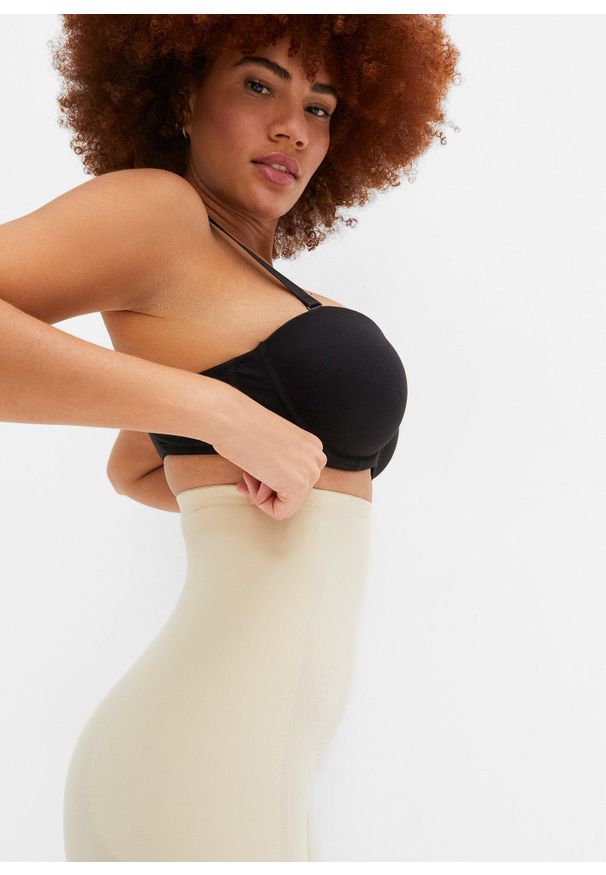 bonprix - Spodnie modelujące, silny stopień modelowania sylwetki. Kolor: beżowy. Materiał: materiał, skóra