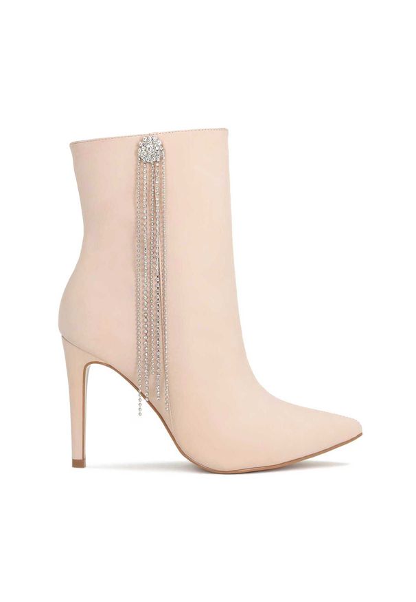 Kazar - Beżowe botki damskie. Kolor: beżowy. Materiał: nubuk. Wzór: aplikacja. Styl: elegancki, wizytowy