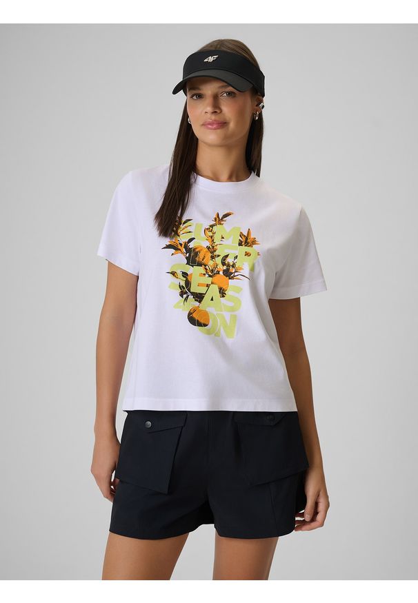 4f - 4F T-shirt boxy z nadrukiem damski - biały L. Okazja: na co dzień. Kolor: biały. Materiał: dzianina, bawełna, materiał. Wzór: nadruk. Styl: casual