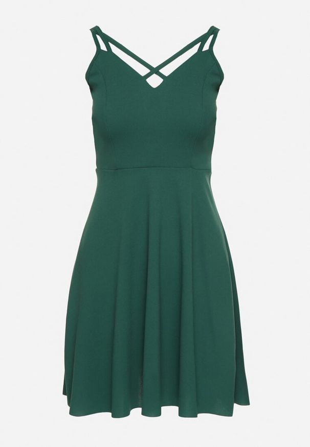 Born2be - Zielona Rozkloszowana Sukienka z Ozdobnymi Paskami Redaina. Kolor: zielony. Długość rękawa: na ramiączkach. Styl: elegancki