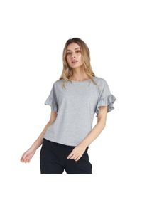 LEONE 1947 APPAREL - Błyszcząca damska koszulka z krótkim rękawem i falbaną. Kolor: szary. Materiał: tkanina. Długość rękawa: krótki rękaw. Długość: krótkie. Sport: fitness