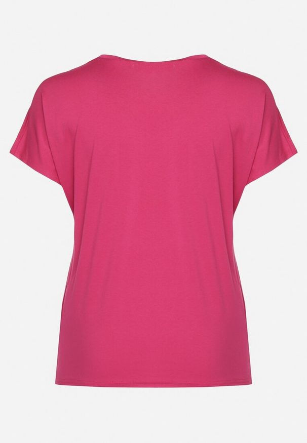 Born2be - Ciemnoróżowy T-shirt z Bawełny z Kokardkami Ozdobionymi Cyrkoniami Rissamore. Typ kołnierza: kokarda. Kolor: różowy. Materiał: bawełna. Wzór: aplikacja. Sezon: lato