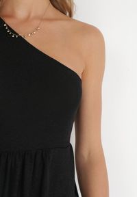 Born2be - Czarna Asymetryczna Sukienka Maxi z Rozkloszowanym Dołem i Wycięciem z Brokatem Acaisa. Kolor: czarny. Materiał: wiskoza, materiał. Typ sukienki: asymetryczne. Długość: maxi #2