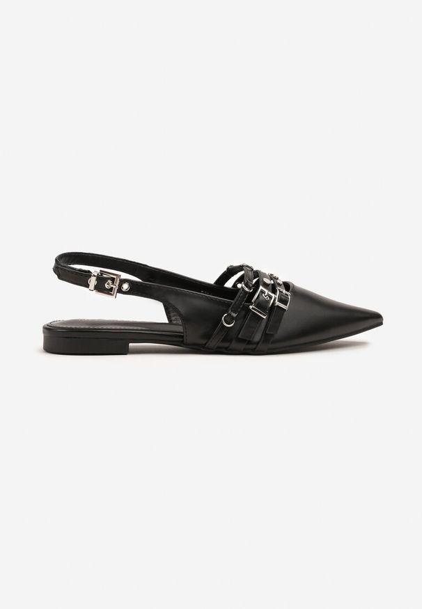Renee - Czarne Sandały Slingback ze Szpiczastym Noskiem Zdobione Paskami z Klamerkami Voseira. Okazja: na spotkanie biznesowe. Nosek buta: szpiczasty. Zapięcie: pasek. Kolor: czarny. Materiał: jeans. Wzór: aplikacja. Styl: biznesowy, elegancki