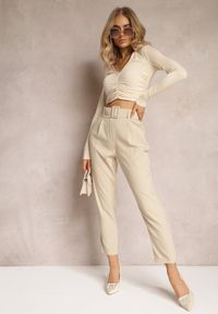 Renee - Jasnobeżowe Spodnie z Paskiem Eudea. Kolor: beżowy. Materiał: materiał. Długość: długie. Wzór: jednolity. Styl: elegancki