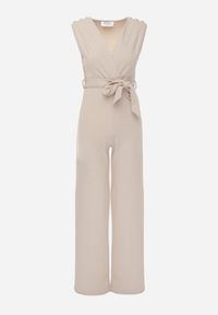 Born2be - Beżowy Kombinezon z Kopertowym Dekoltem i Wiązaniem w Talii Vannessa. Kolekcja: dla wysokich. Kolor: beżowy. Materiał: materiał, prążkowany. Długość: długie #3
