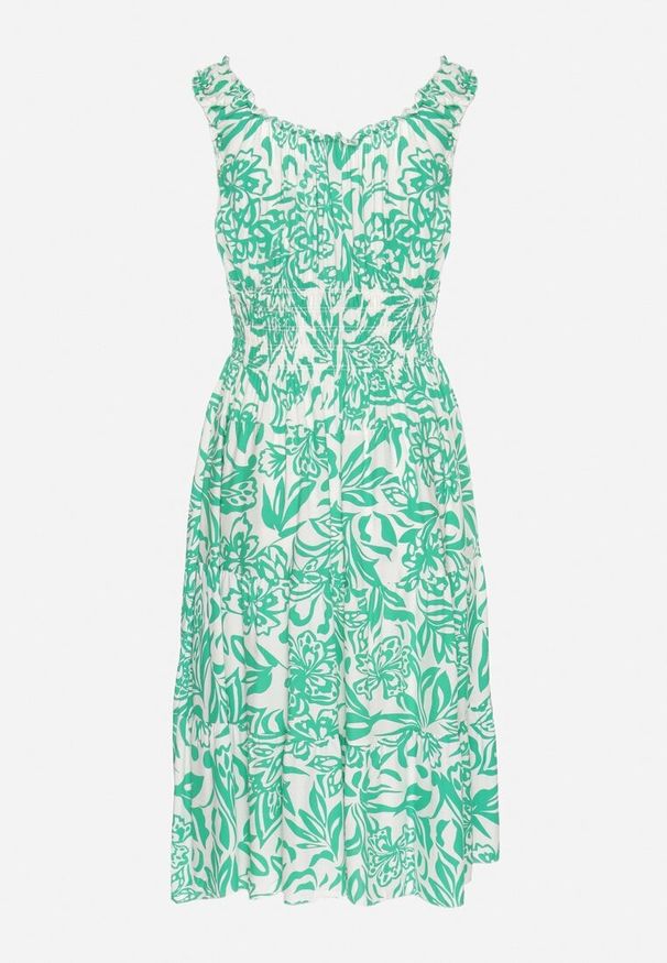 Born2be - Zielona Bawełniana Sukienka Rozkloszowana Ozdobiona Guzikami Lisavena. Okazja: na co dzień. Kolor: zielony. Materiał: bawełna. Wzór: aplikacja. Typ sukienki: rozkloszowane. Styl: casual, elegancki