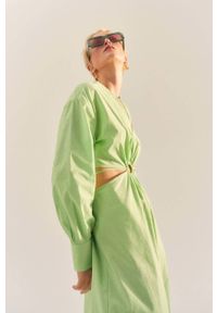 mango - Mango sukienka bawełniana Brown kolor zielony midi rozkloszowana. Kolor: zielony. Materiał: bawełna. Długość rękawa: długi rękaw. Typ sukienki: rozkloszowane. Długość: midi #6