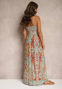 Renee - Pomarańczowo-Niebieska Rozkloszowana Sukienka z Wiskozy na Regulowanych Ramiączkach w Stylu Boho Yalfea. Kolor: pomarańczowy. Materiał: wiskoza. Długość rękawa: na ramiączkach. Sezon: lato. Styl: boho #4