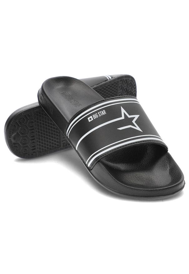 Big-Star - Czarne Klapki Big Star Modne Klapki Męskie. Okazja: na plażę, na co dzień. Kolor: czarny. Materiał: materiał. Wzór: napisy. Sezon: lato. Styl: casual