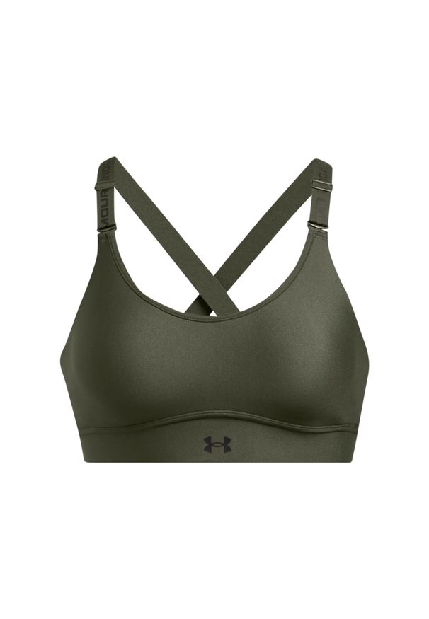 Biustonosz treningowy damski Under Armour UA Infinity Mid 2.0 Bra - khaki. Kolor: oliwkowy, brązowy, wielokolorowy. Materiał: poliester, elastan. Rodzaj stanika: odpinane ramiączka, różne sposoby noszenia. Sport: kolarstwo, fitness