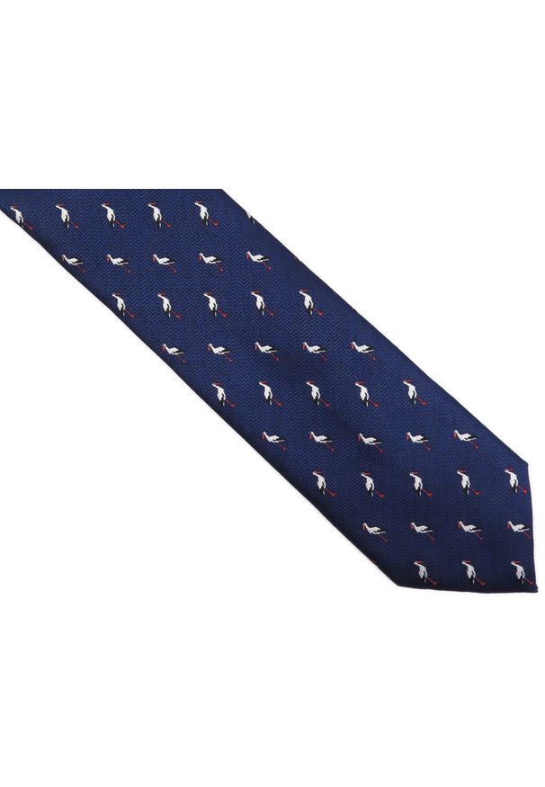 Adam Collection - Granatowy krawat męski w bociany D251. Kolor: niebieski. Materiał: mikrofibra, tkanina