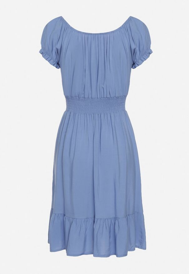 Born2be - Niebieska Wiskozowa Sukienka z Gumkami w Pasie Ściągana przy Dekolcie z Falbanką Tiimamla. Okazja: na co dzień. Kolor: niebieski. Materiał: wiskoza. Długość rękawa: krótki rękaw. Sezon: wiosna, lato. Typ sukienki: proste. Styl: casual