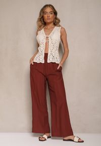 Renee - Bordowe Wiskozowe Spodnie Palazzo High Waist z Lnem Linaselia. Stan: podwyższony. Kolor: czerwony. Materiał: wiskoza, len. Sezon: lato #5