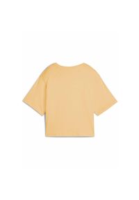 Puma - Damska luźna koszulka z logo NO.1 ESS Cropped PUMA Almost Apricot Orange. Kolor: żółty, pomarańczowy, wielokolorowy. Materiał: jeans. Wzór: nadruk