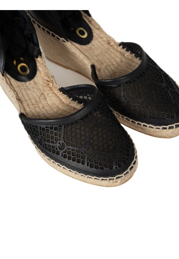 Pinko Espadryle "Patty" | 1H211A Y86A | Kobieta | Czarny. Okazja: na co dzień. Kolor: czarny. Materiał: skóra. Wzór: ażurowy, aplikacja. Obcas: na koturnie. Styl: klasyczny, casual, elegancki