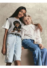 Reserved - Jeansy wide leg z haftem - niebieski. Kolor: niebieski. Wzór: haft