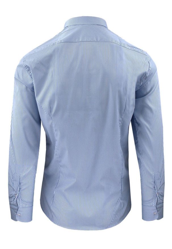 Koszula Wizytowa Męska - Prosty Krój - Victorio - Drobny Prążek, Niebieska. Okazja: na co dzień. Kolor: niebieski. Materiał: elastan, bawełna. Długość rękawa: długi rękaw. Długość: długie. Wzór: prążki. Styl: wizytowy