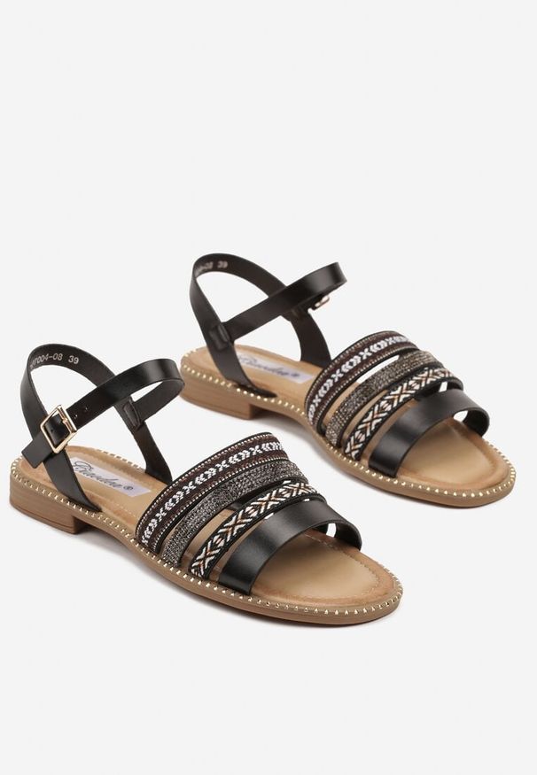 Born2be - Czarne Sandały z Ozdobnymi Paskami i Cyrkoniami Dovasse. Okazja: na co dzień. Zapięcie: pasek. Kolor: czarny. Materiał: jeans. Styl: elegancki, casual