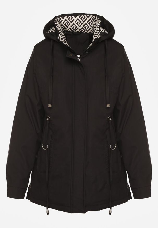 Renee - Czarna Kurtka Parka z Kapturem w Oryginalny Wzór Wewnątrz Tiosara. Okazja: na spacer, na co dzień. Typ kołnierza: kaptur. Kolor: czarny. Materiał: jeans. Wzór: aplikacja. Styl: casual