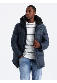 Ombre Clothing - Męska długa kurtka puffer z zapinanymi kieszeniami – granatowa V3 OM-JALJ-0186 - XL. Kolor: niebieski. Materiał: poliester, syntetyk, nylon, materiał, polar. Długość: długie. Wzór: aplikacja #3
