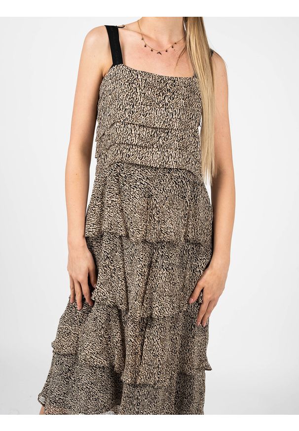 Pinko Sukienka "Preferire" | 1N13D2 Y89X | Preferire | Kobieta | Czarny, Biały, Beżowy. Typ kołnierza: kołnierz z falbankami. Kolor: beżowy, czarny, biały, wielokolorowy. Materiał: włókno, wiskoza. Długość rękawa: na ramiączkach. Wzór: aplikacja, motyw zwierzęcy. Typ sukienki: dopasowane. Długość: midi