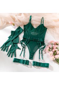 Intica - Body z pasem do pończoch i rękawiczkami na romantyczne wieczory Orelia. Kolor: zielony. Materiał: materiał