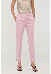 Hugo - HUGO spodnie damskie kolor różowy proste high waist. Okazja: na co dzień. Stan: podwyższony. Kolor: różowy. Materiał: bawełna. Styl: casual