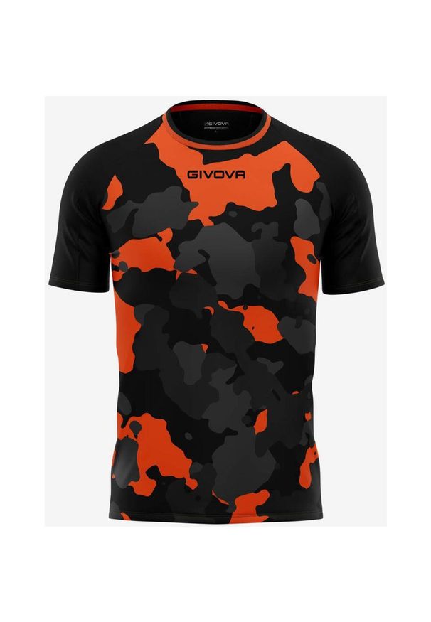 Czarny-pomarańczowy T-shirt Givova Men M-Sport z oddychającym materiałem. Kolor: czarny, pomarańczowy, wielokolorowy. Materiał: materiał. Wzór: nadruk, haft. Sport: piłka nożna, fitness