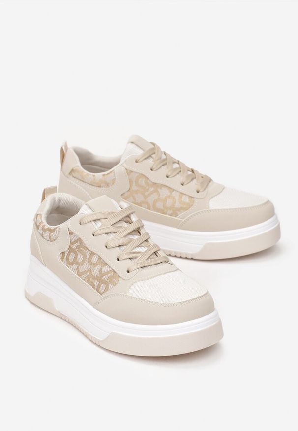 Renee - Beżowe Sneakersy Zdobione Wstawką Lerijane. Kolor: beżowy. Materiał: koronka. Wzór: aplikacja