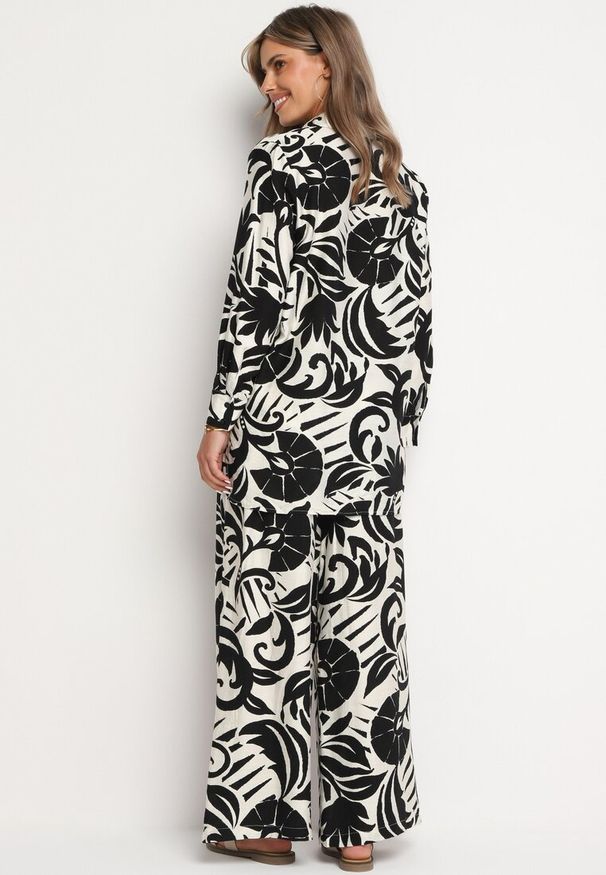 Born2be - Czarno-Biały Wiskozowy Komplet Koszula z Długim Rękawem i Szerokie Spodnie Xiseria. Kolor: czarny. Materiał: wiskoza